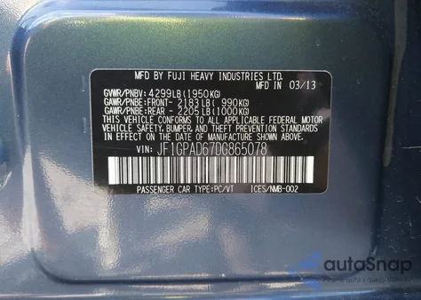 2013 Subaru Impreza 2.0I Premium z USA, uszkodzony, nr VIN JF1GPAD67DG865078